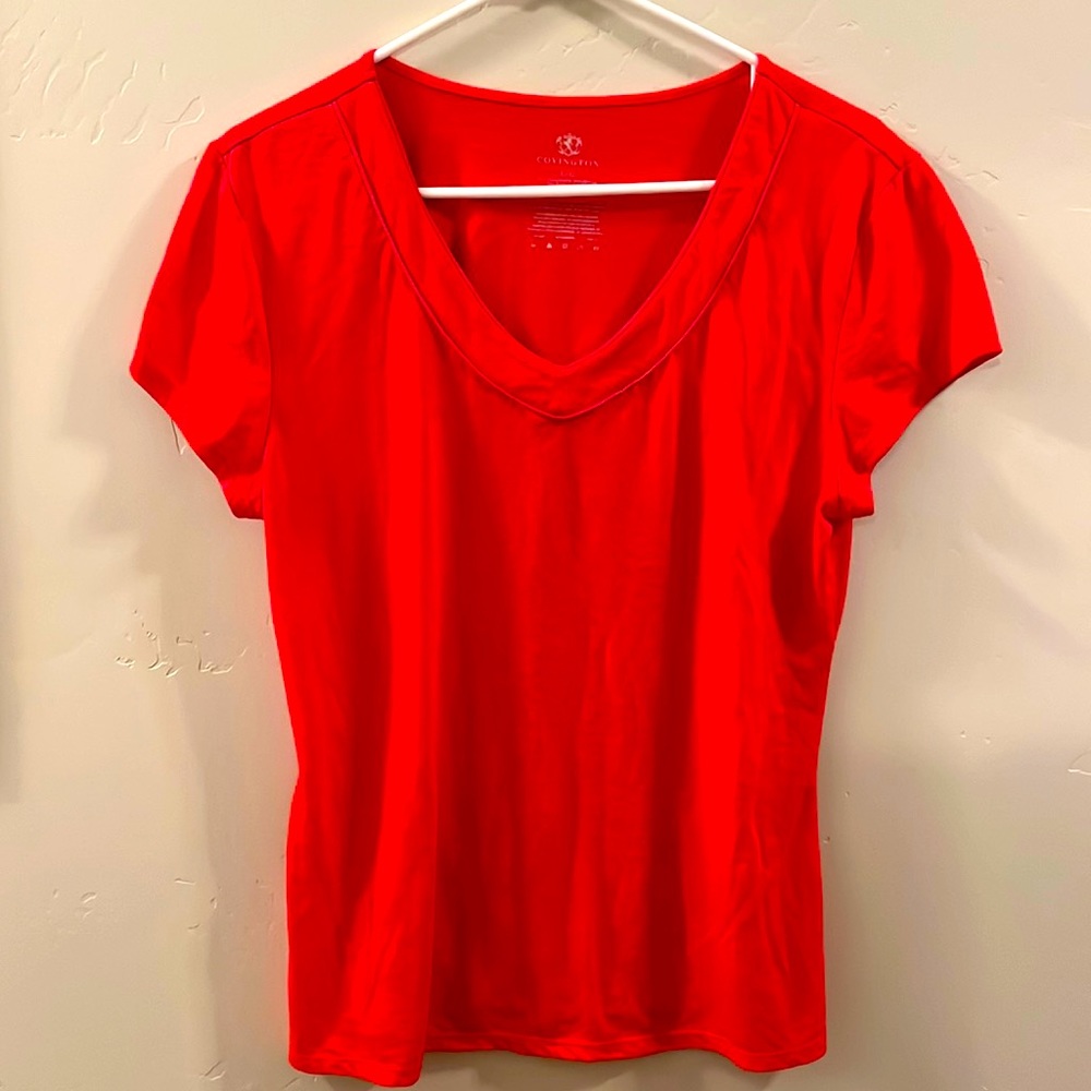 Woman’s Short Sleeved Blouse, Swoop Neck, Coral Color, Size Large, Covington